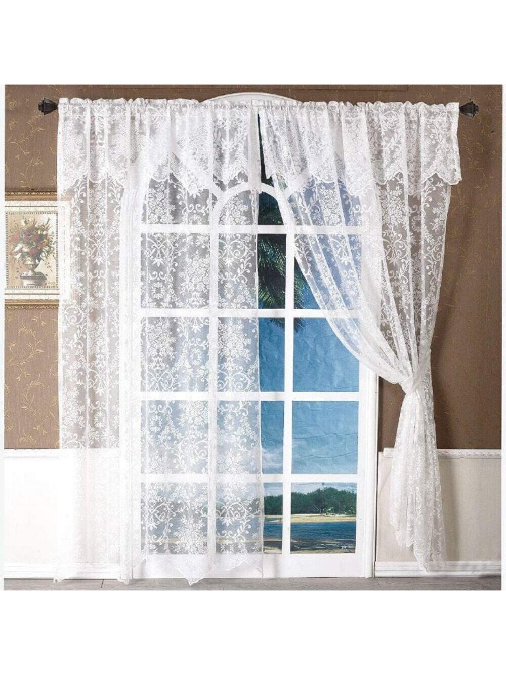 Vintage Floral Lace Curtains with Valances - 72" Sheer Drapes for Living